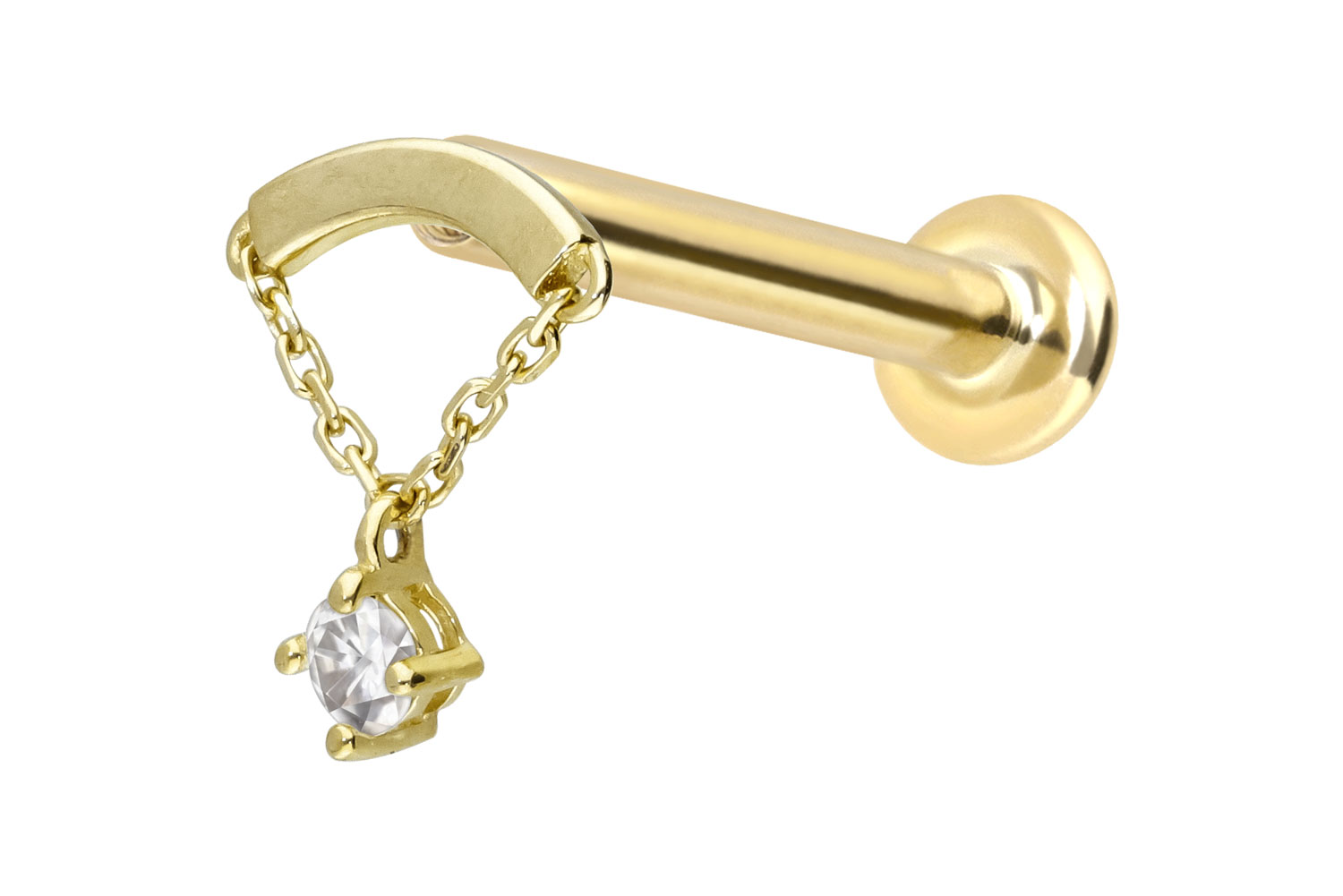 14 Karat Gold Labret Piercing mit Innengewinde MOISSANIT + BOGEN + KETTE